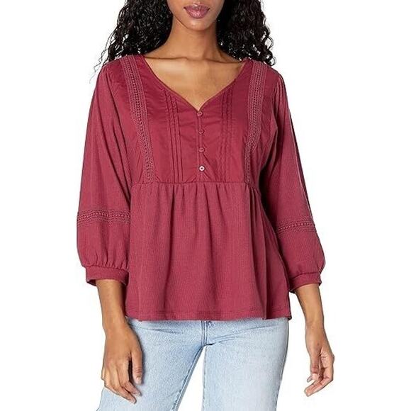 Zac & Rachel Burgundy V-Neck 3/4 Sleeve Peasant Babydoll Top Womans Plus Size 2X - Picture 1 of 6